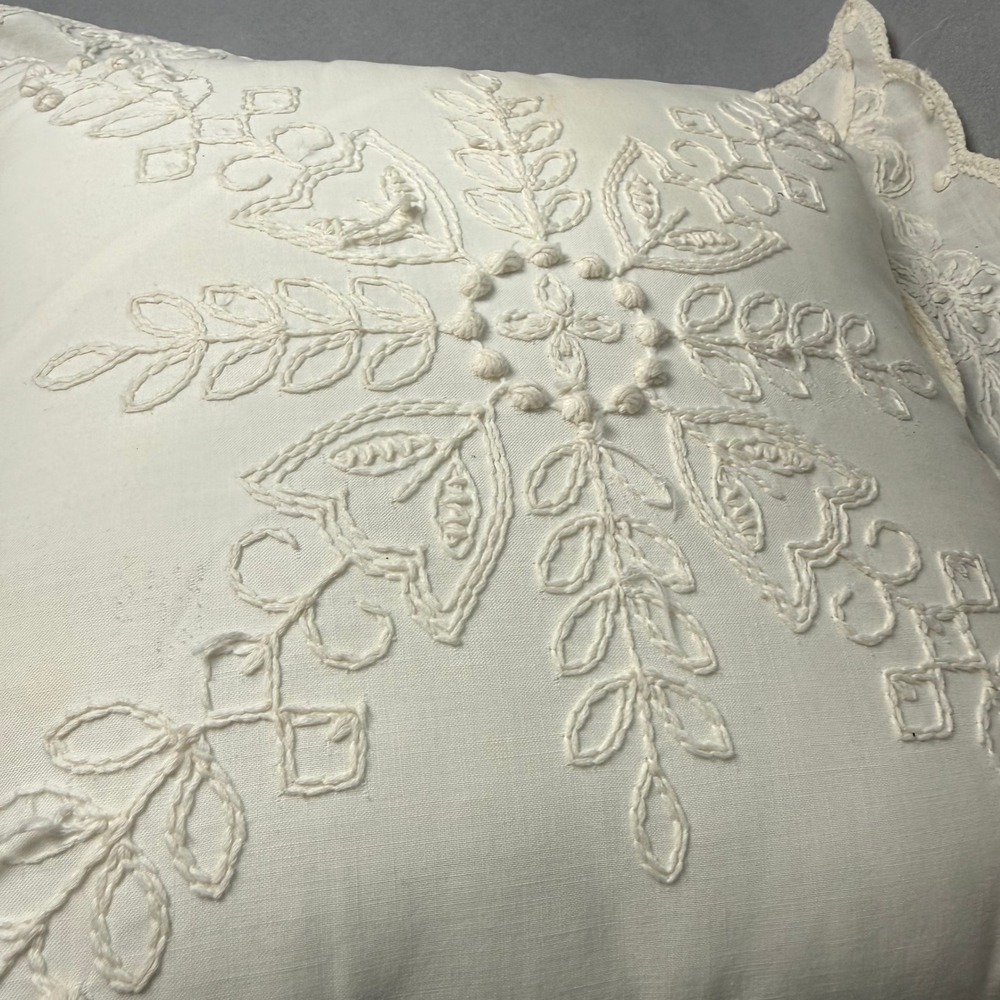 Vintage Embroidered Cream Throw Pillow Scalloped Lace Trim Cottagecore 12x12 - Picture 2 of 9